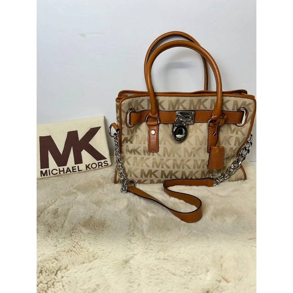 Michael Kors Hamilton Satchel Monogram Canvas Tan Leather Crossbody Bag Dust Bag